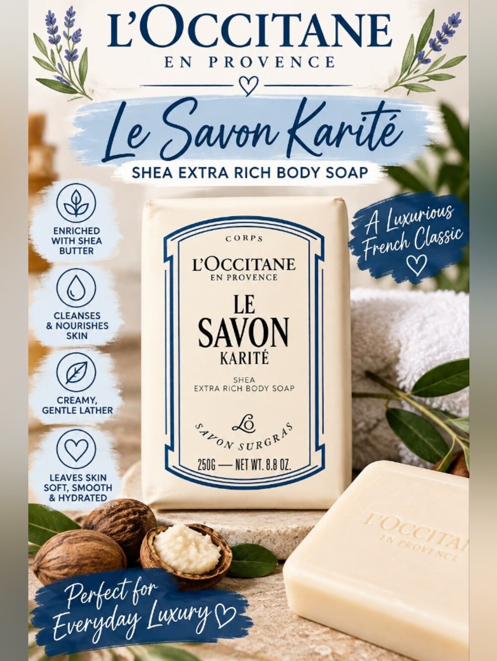 NEW L’Occitane Le Savon Karité Shea Extra Rich Body Soap 8.8 oz 250g